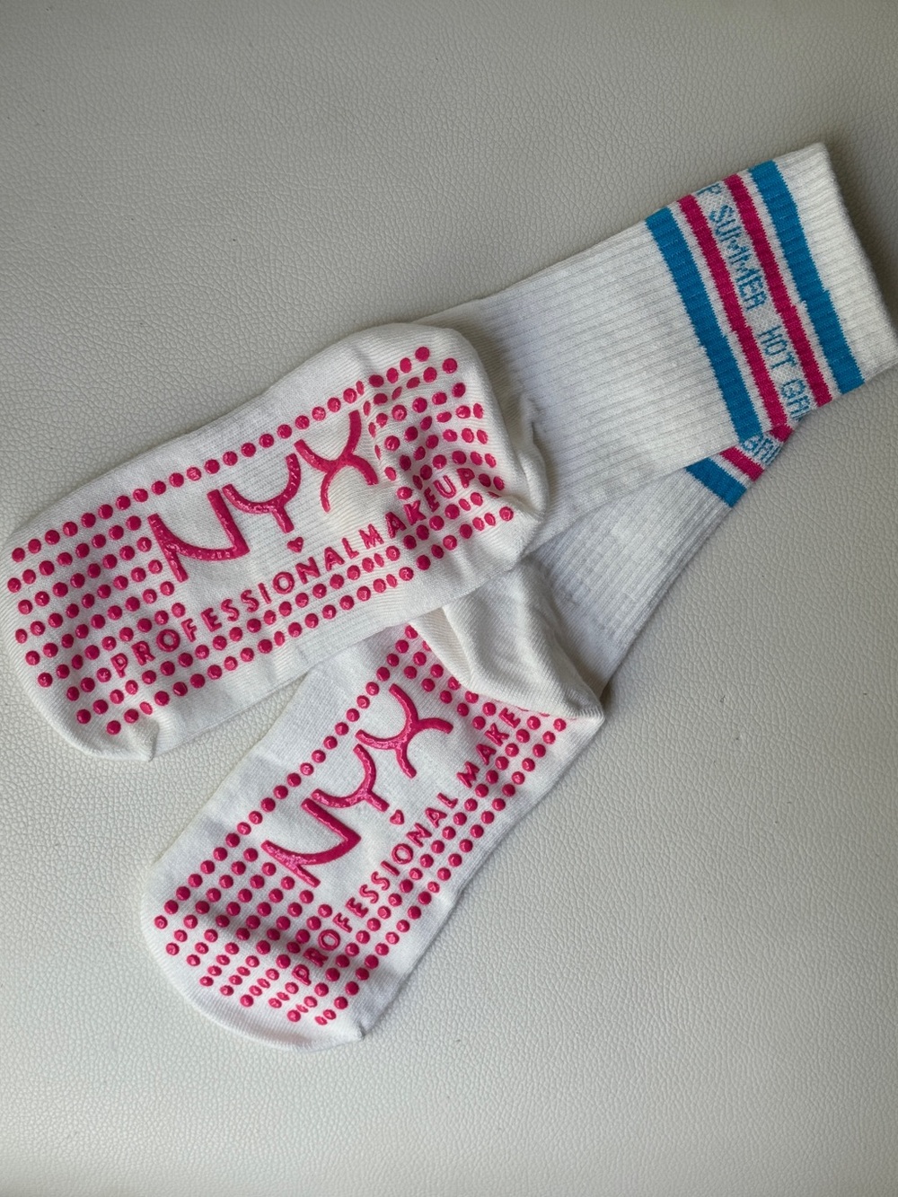 NYX White Athletic Grip Socks with Pink and Blue Accents